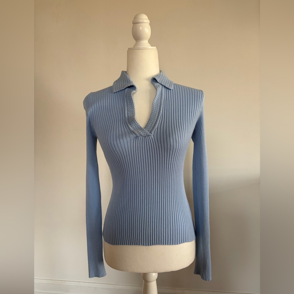 Marled Ribbed Knit Crocheted Collared Sweater Top XS Blue - Picture 1 of 4